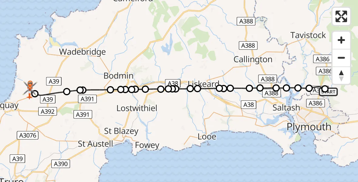 Flight path map showing Coastguard Helicopter route from Bickleigh to Cornwall Airport Newquay