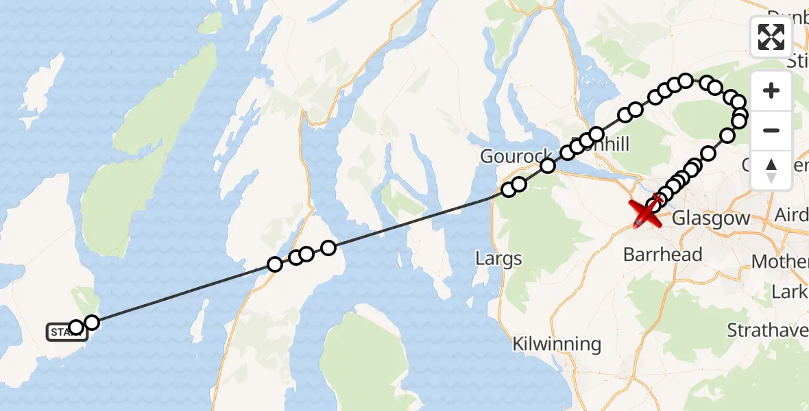 Flight path map showing Air Ambulance Aircraft route from Sgorr Bhogachain to Glasgow Airport