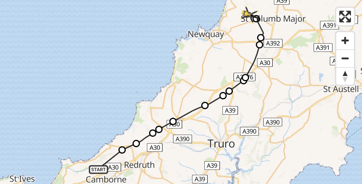 Flight path map showing Police Helicopter route from Camborne to Cornwall Airport Newquay