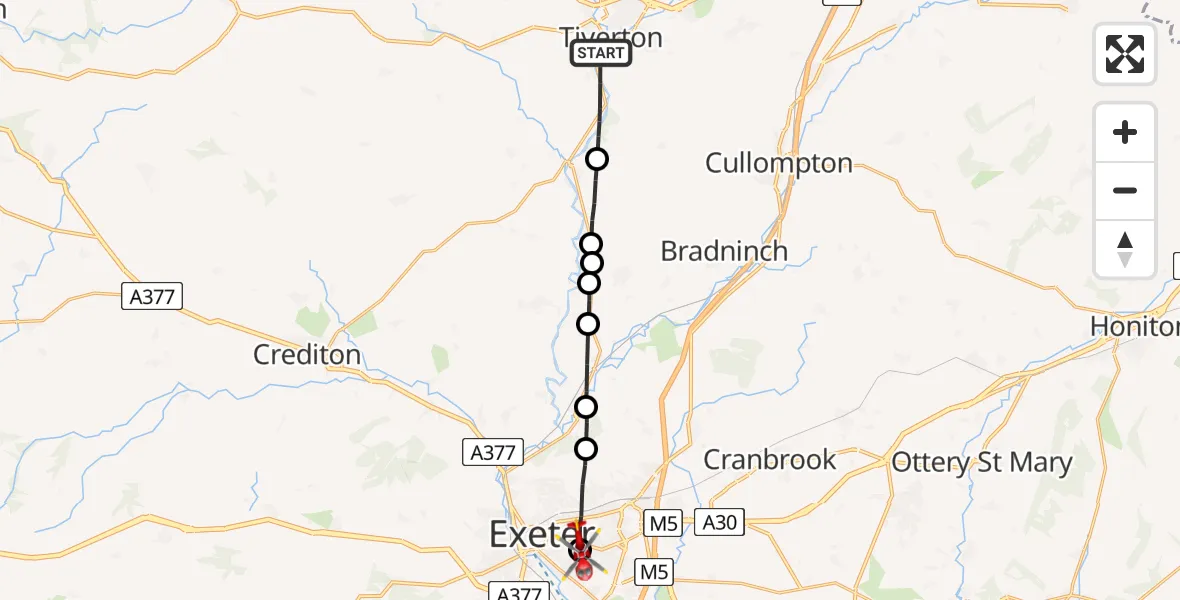 Flight path map showing Air Ambulance Helicopter route from Tiverton to Exeter