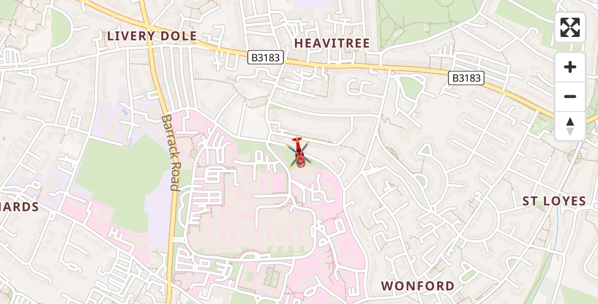 Flight path map showing Air Ambulance Helicopter route from Royal Devon & Exeter Hospital to Royal Devon & Exeter Hospital
