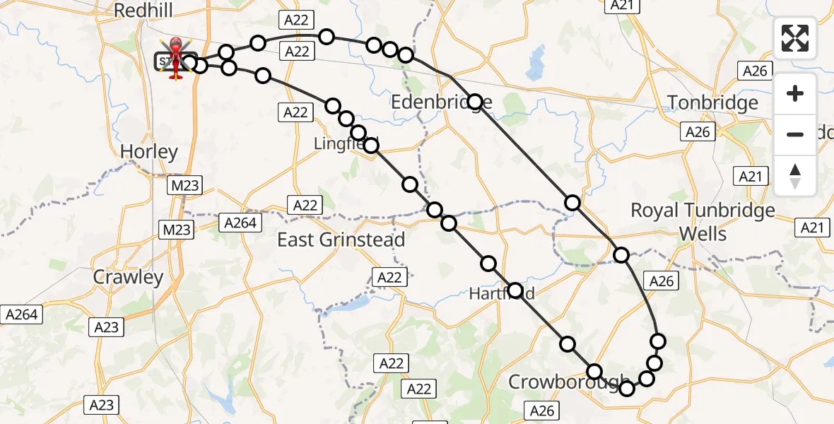 Flight path map showing Air Ambulance Helicopter route from Redhill Aerodrome to Redhill Aerodrome