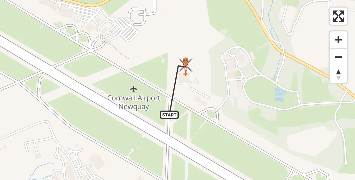 Flight path map showing Coastguard Helicopter route from Cornwall Airport Newquay to Cornwall Airport Newquay