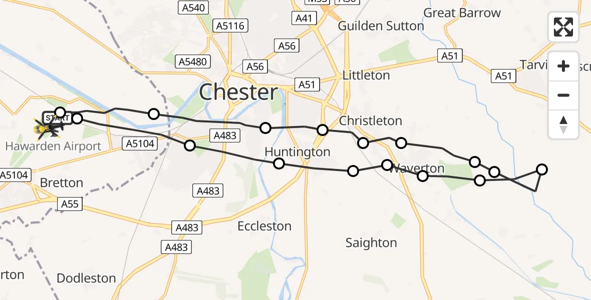 Flight path map showing Police Helicopter route from Hawarden Airport to Hawarden Airport