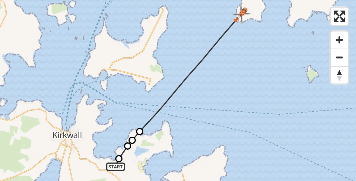 Flight path map showing Coastguard Helicopter route from Kirkwall Airport to North Atlantic Ocean