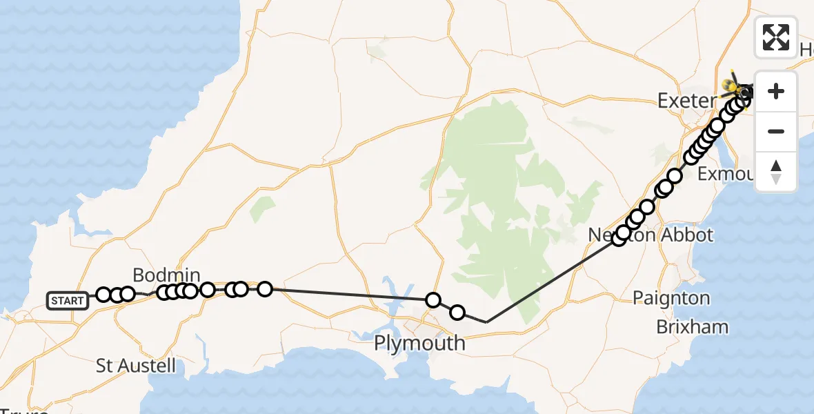 Flight path map showing Police Helicopter route from St. Columb Major to Rockbeare