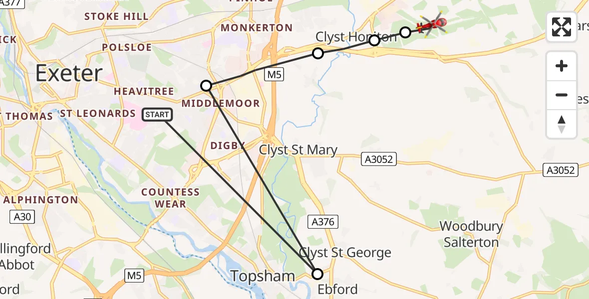 Flight path map showing Air Ambulance Helicopter route from Royal Devon & Exeter Hospital to Exeter International Airport