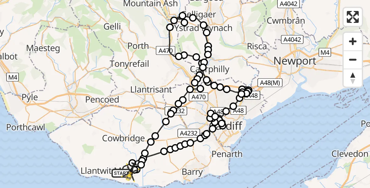 Flight path map showing Police Helicopter route from MOD St Athan to MOD St Athan