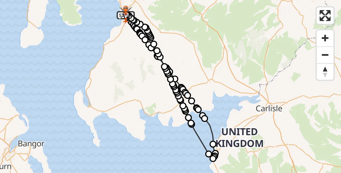 Flight path map showing Coastguard Helicopter route from Glasgow Prestwick Airport to Glasgow Prestwick Airport