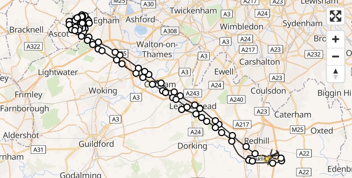Flight path map showing Police Helicopter route from Salfords to South Nutfield