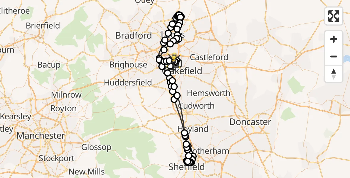 Flight path map showing Police Helicopter route from East Ardsley to East Ardsley
