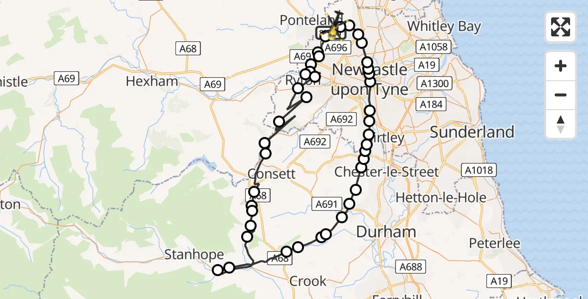 Flight path map showing Police Helicopter route from Newcastle International Airport to Dinnington