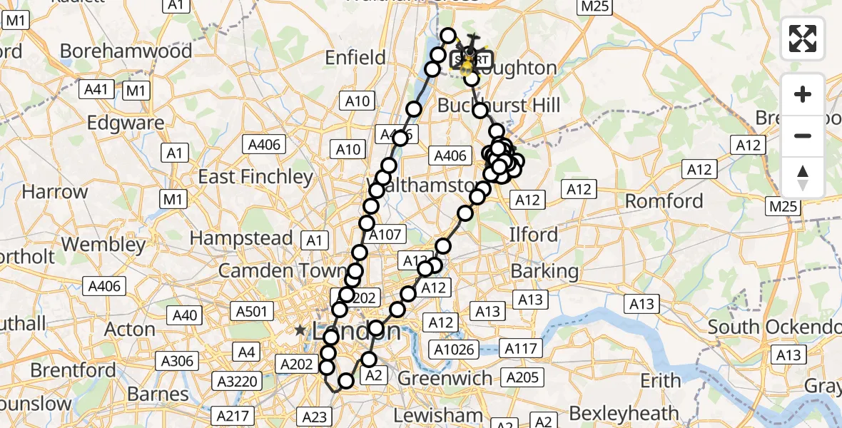 Flight path map showing Police Helicopter route from Metropolitan Police Air Support Unit Lippitts Hill to Metropolitan Police Air Support Unit Lippitts Hill