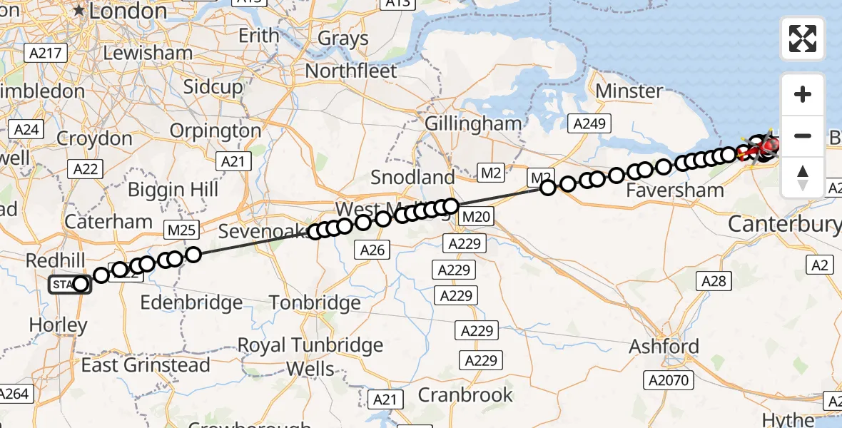 Flight path map showing Air Ambulance Helicopter route from Redhill Aerodrome to Tankerton