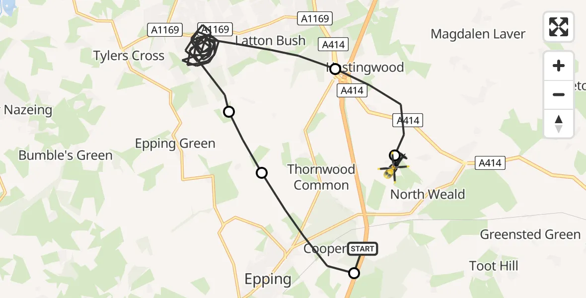 Flight path map showing Police Helicopter route from Coopersale to North Weald Airfield