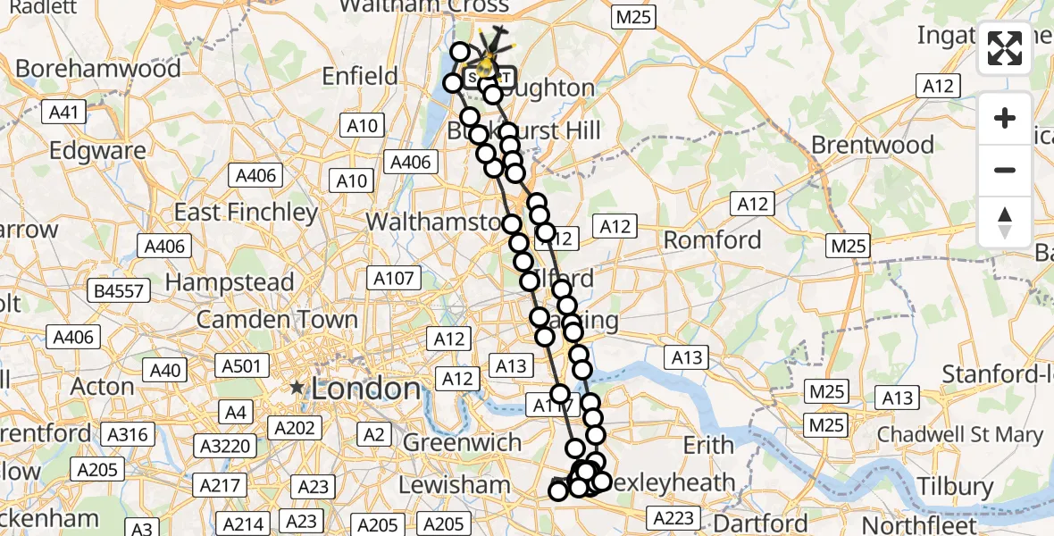 Flight path map showing Police Helicopter route from Metropolitan Police Air Support Unit Lippitts Hill to Epping Forest