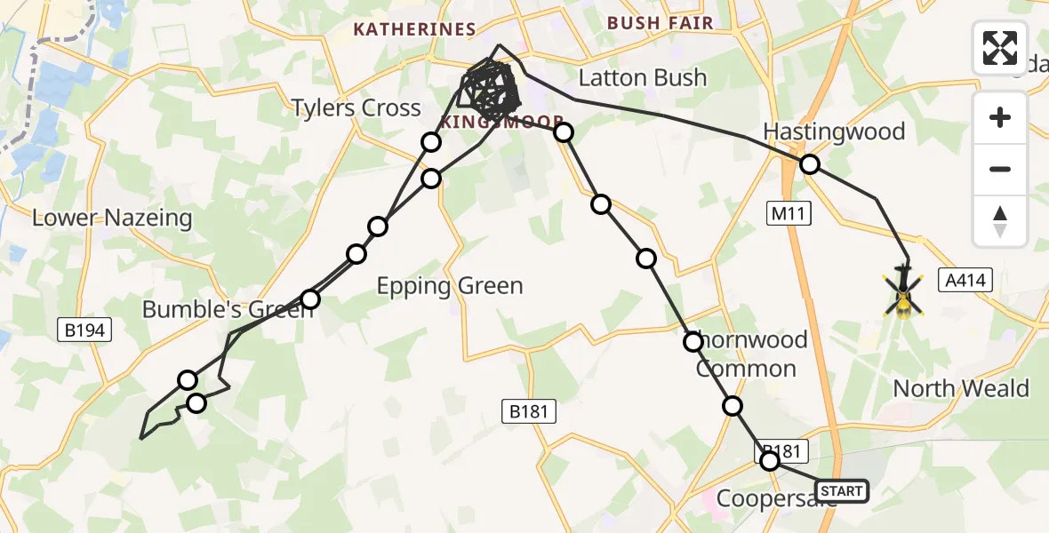 Flight path map showing Police Helicopter route from Coopersale to North Weald Airfield