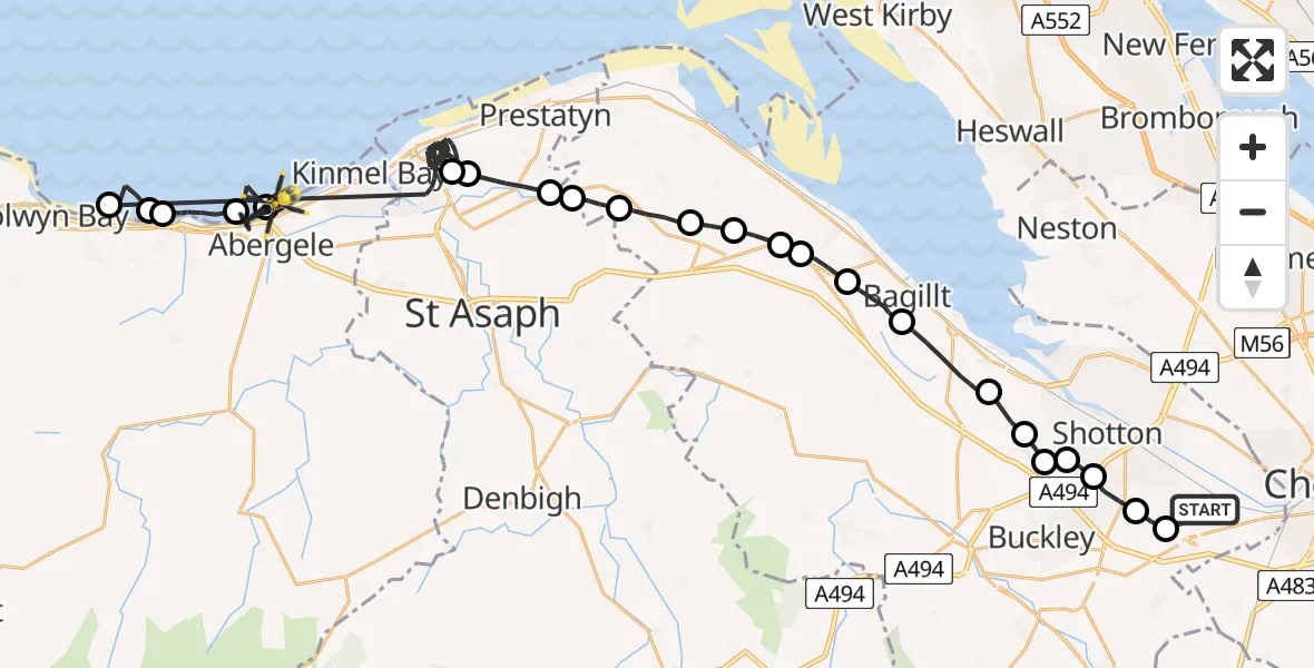 Flight path map showing Police Helicopter route from Hawarden Airport to Abergele