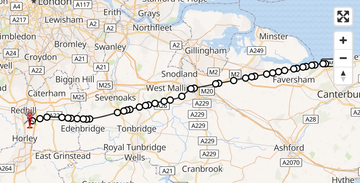 Flight path map showing Air Ambulance Helicopter route from Tankerton to Redhill Aerodrome