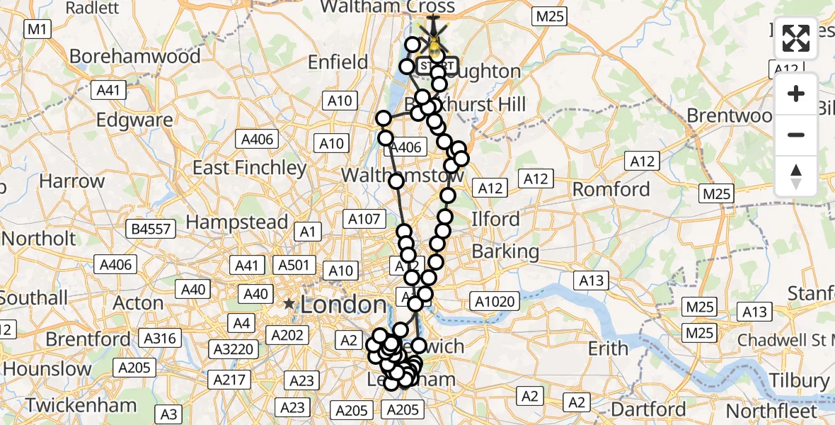 Flight path map showing Police Helicopter route from Metropolitan Police Air Support Unit Lippitts Hill to Epping Forest