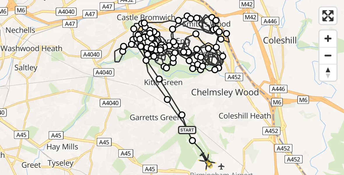 Flight path map showing Police Helicopter route from Birmingham Airport to Birmingham Airport
