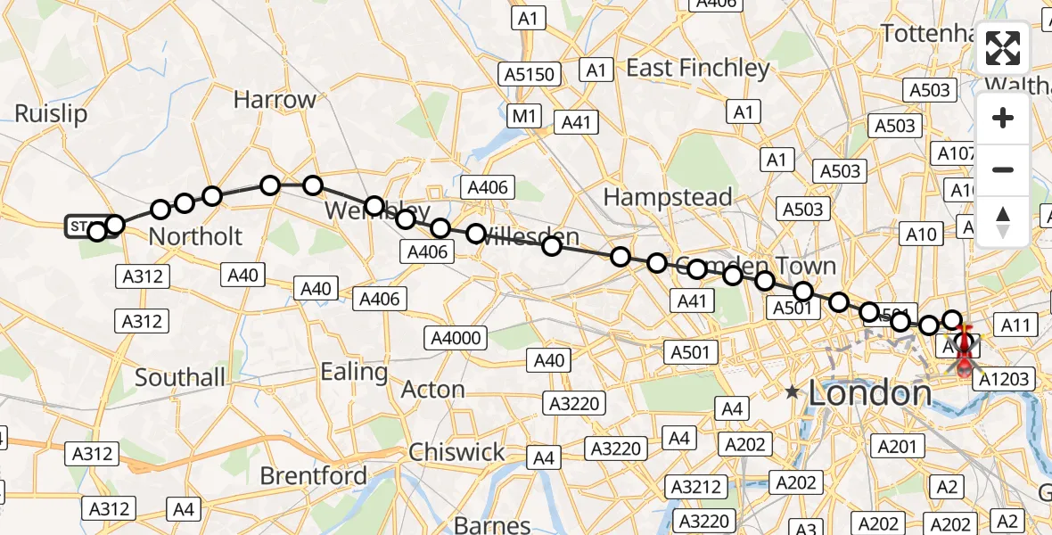 Flight path map showing Air Ambulance Helicopter route from RAF Northolt to Royal London Hospital
