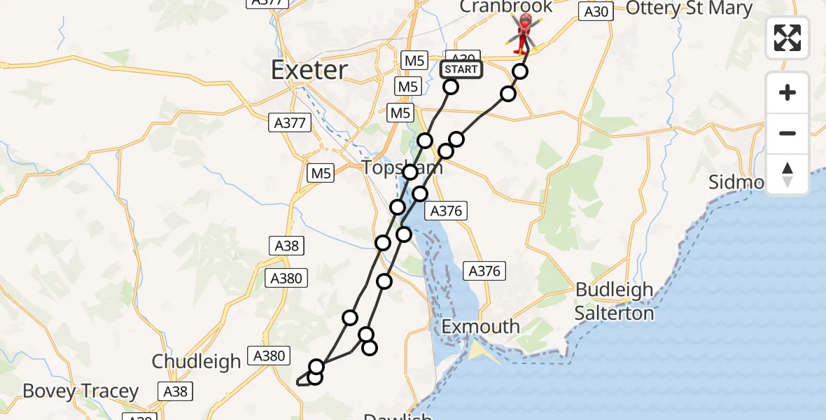 Flight path map showing Air Ambulance Helicopter route from Exeter International Airport to Rockbeare