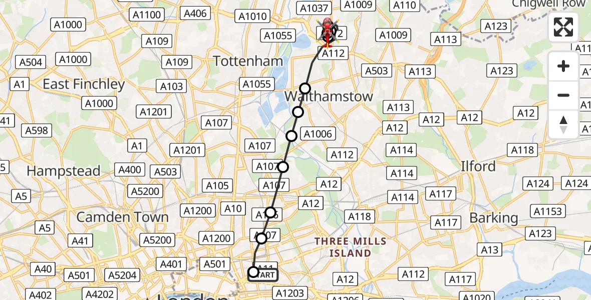 Flight path map showing Air Ambulance Helicopter route from Royal London Hospital to Waltham Forest
