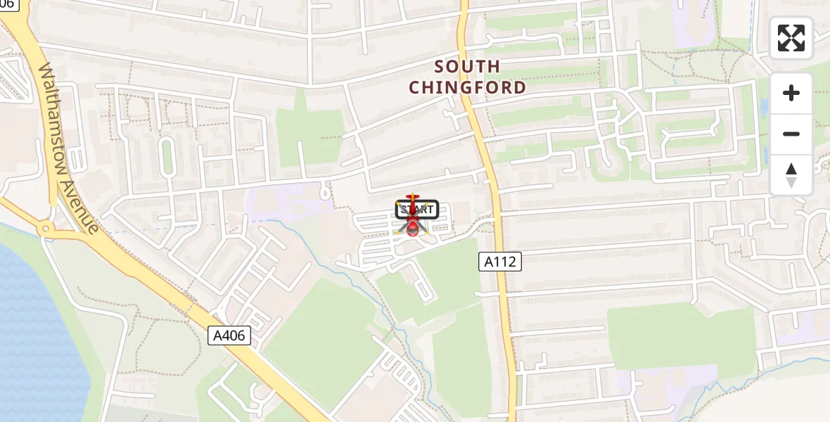 Flight path map showing Air Ambulance Helicopter route from Highams Park to Waltham Forest