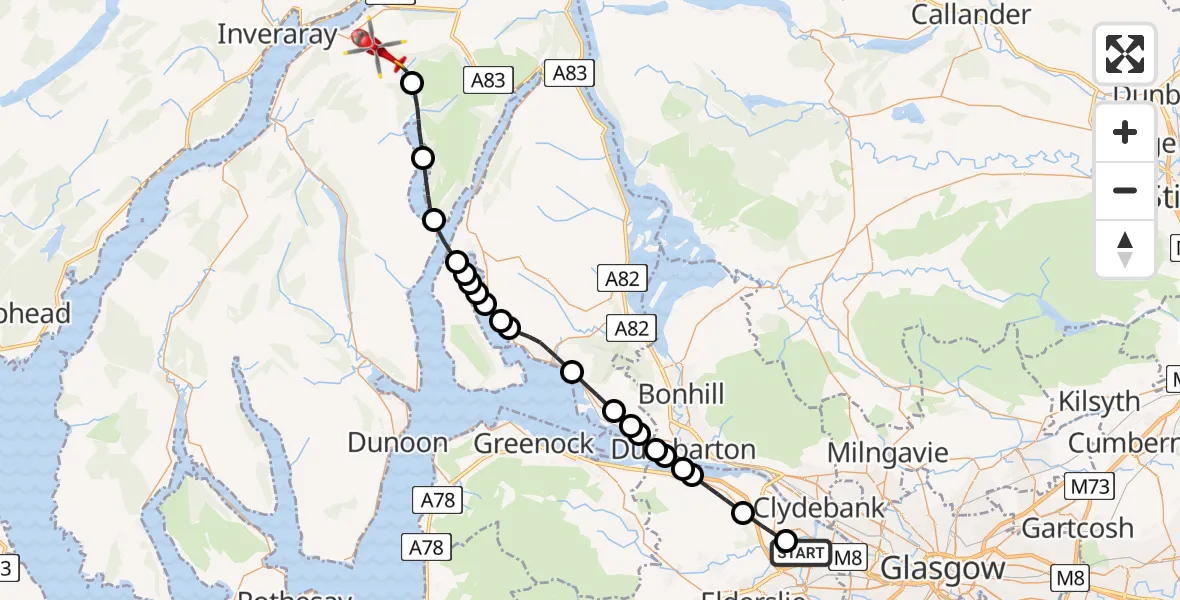 Flight path map showing Air Ambulance Helicopter route from Glasgow Airport to Argyll and Bute