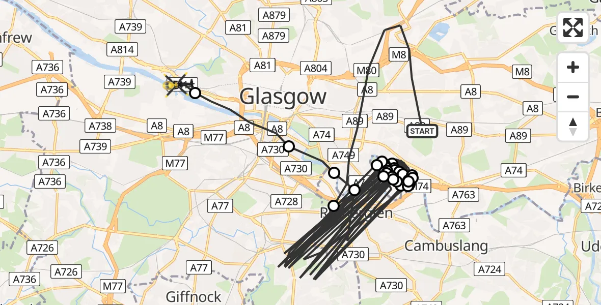 Flight path map showing Police Helicopter route from Glasgow to Glasgow City Heliport