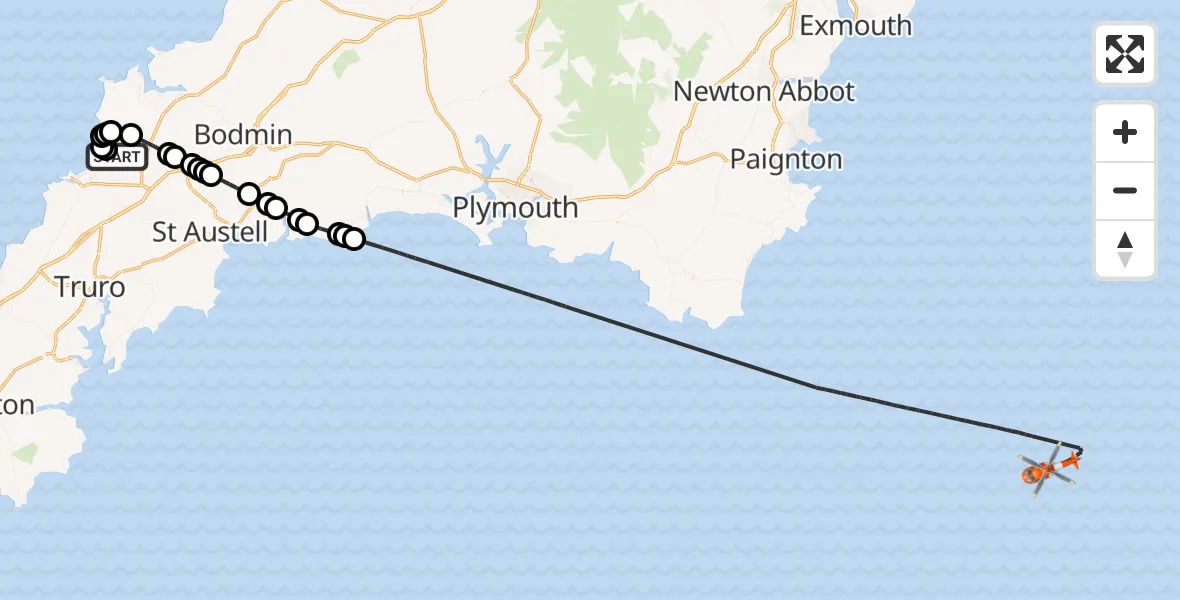 Flight path map showing Coastguard Helicopter route from Cornwall Airport Newquay to English Channel