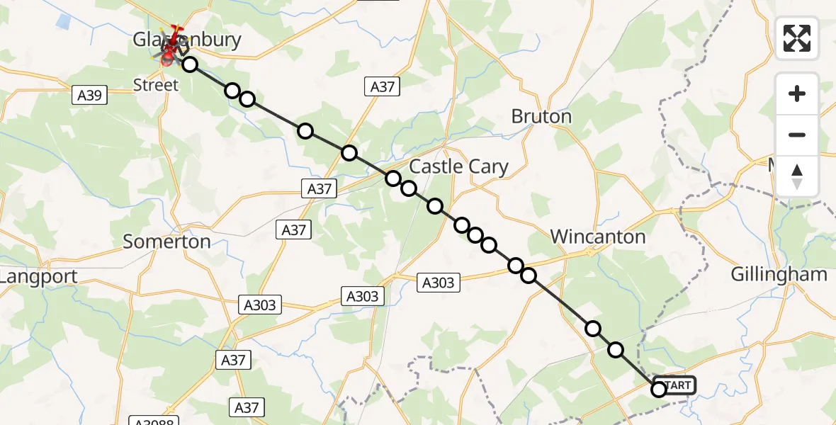 Flight path map showing Air Ambulance Helicopter route from Henstridge Airfield to Glastonbury