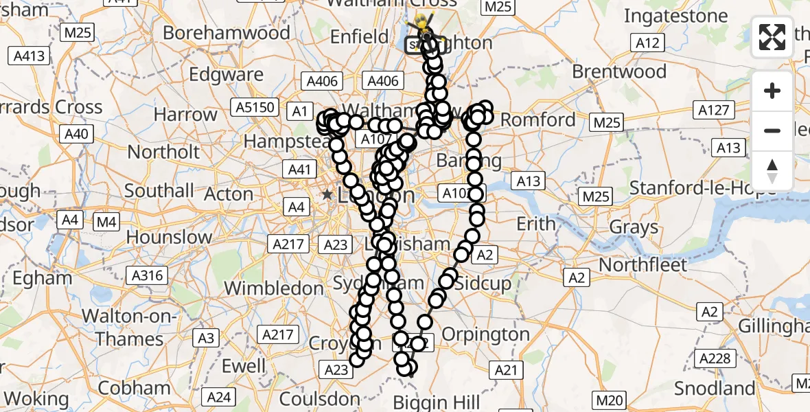 Flight path map showing Police Helicopter route from Sewardstonebury to Metropolitan Police Air Support Unit Lippitts Hill