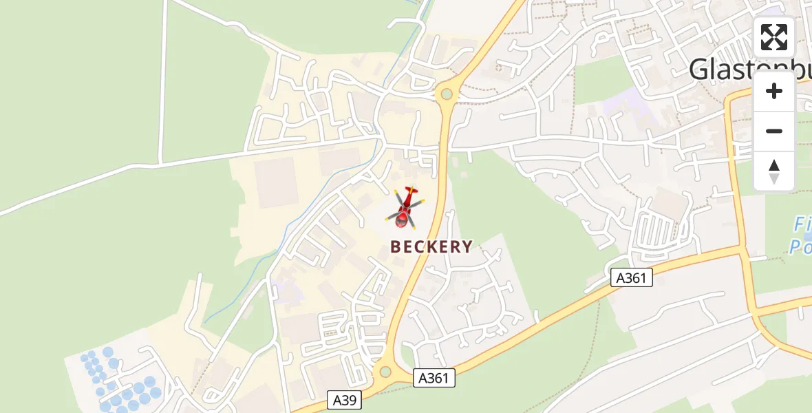 Flight path map showing Air Ambulance Helicopter route from Glastonbury to Glastonbury