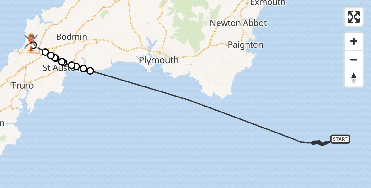 Flight path map showing Coastguard Helicopter route from English Channel to Cornwall Airport Newquay