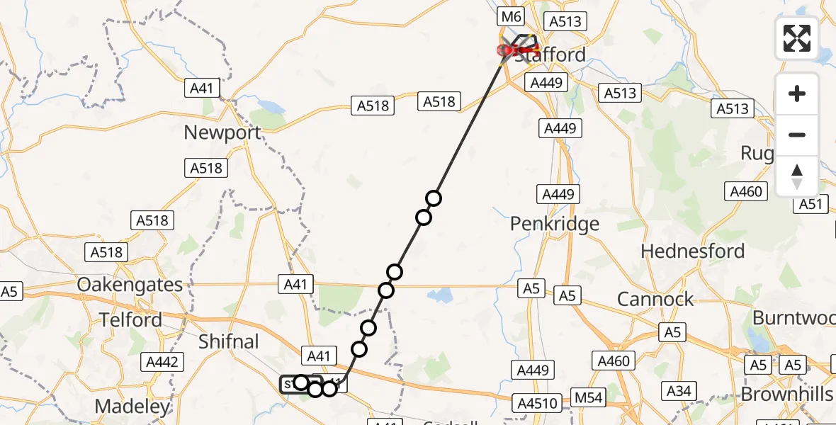 Flight path map showing Air Ambulance Helicopter route from RAF Cosford to Stafford