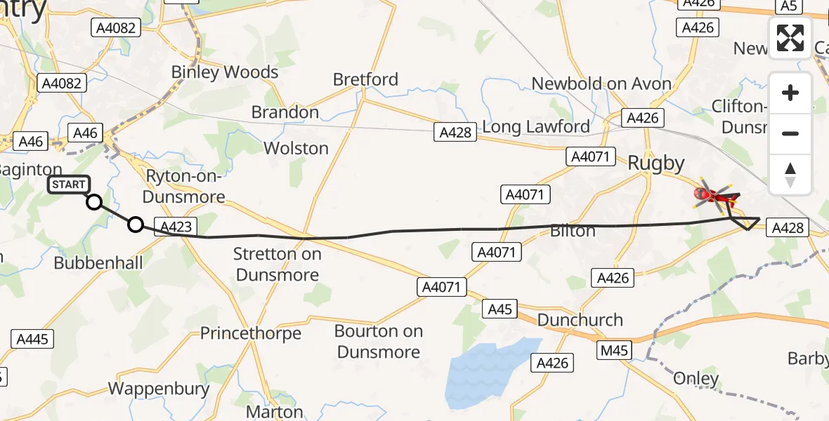 Flight path map showing Air Ambulance Helicopter route from Coventry Airport to Rugby