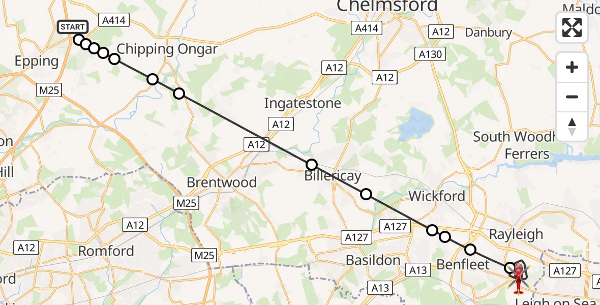 Flight path map showing Air Ambulance Helicopter route from North Weald Airfield to Hadleigh
