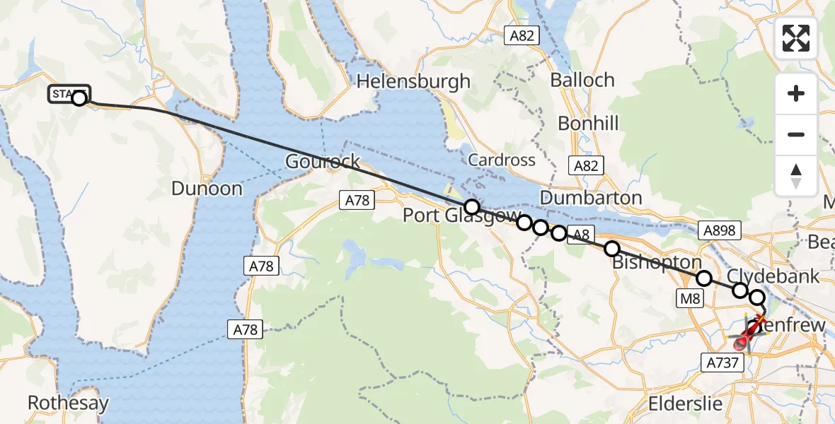Flight path map showing Air Ambulance Helicopter route from Argyll and Bute to Glasgow Airport