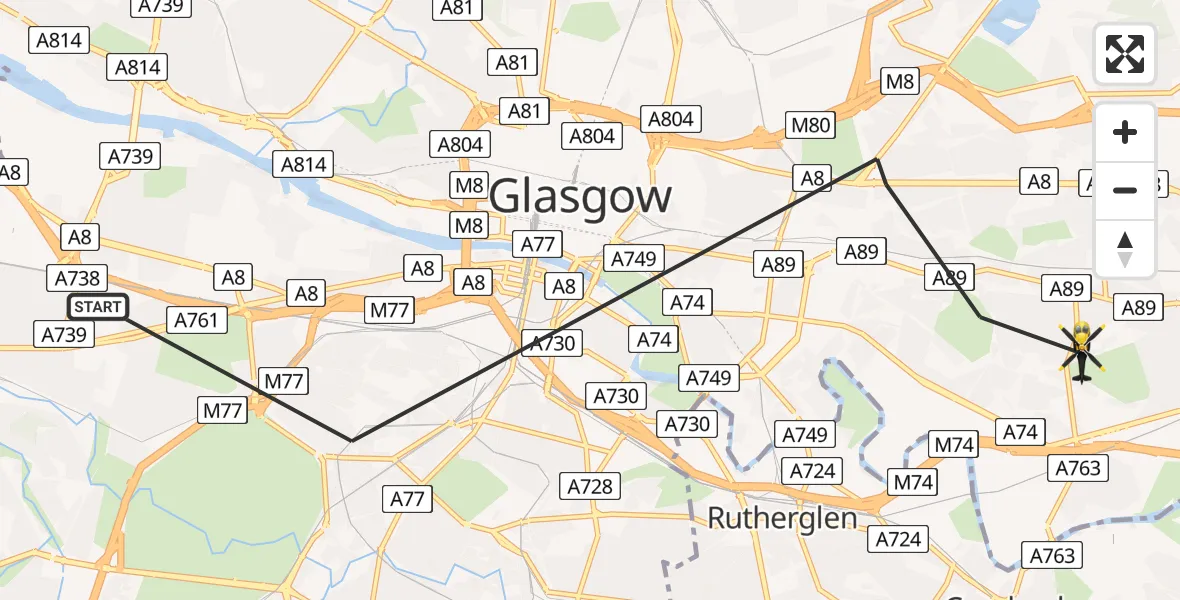 Flight path map showing Police Helicopter route from Glasgow to Glasgow