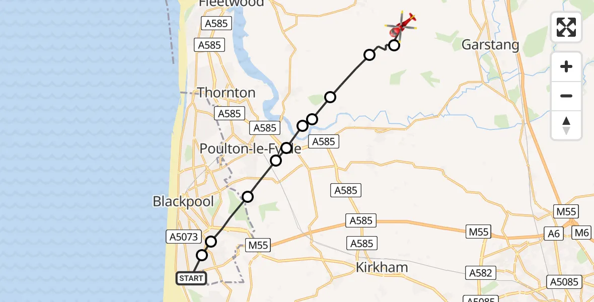 Flight path map showing Air Ambulance Helicopter route from Blackpool Airport to Wyre
