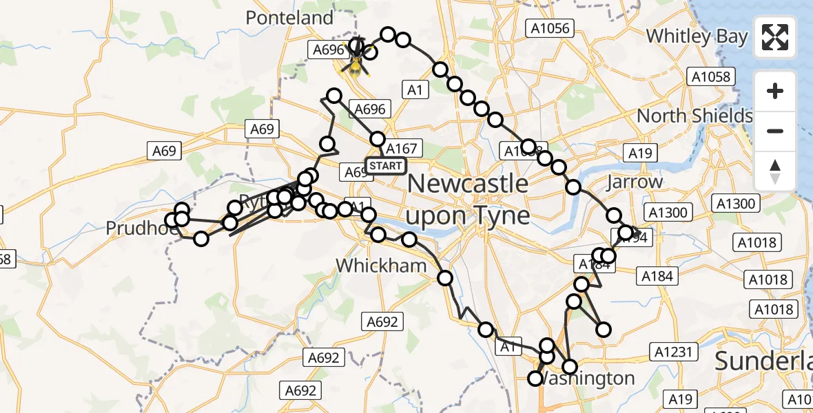 Flight path map showing Police Helicopter route from Blakelaw to Newcastle International Airport