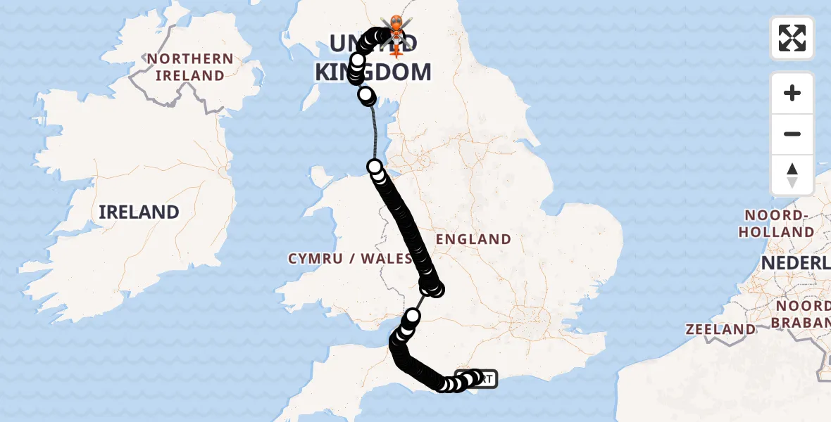 Flight path map showing Coastguard Helicopter route from Solent Airport to Carlisle Lake District Airport