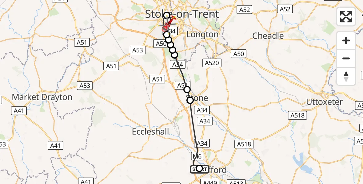 Flight path map showing Air Ambulance Helicopter route from Stafford to University Hospital North Staffs