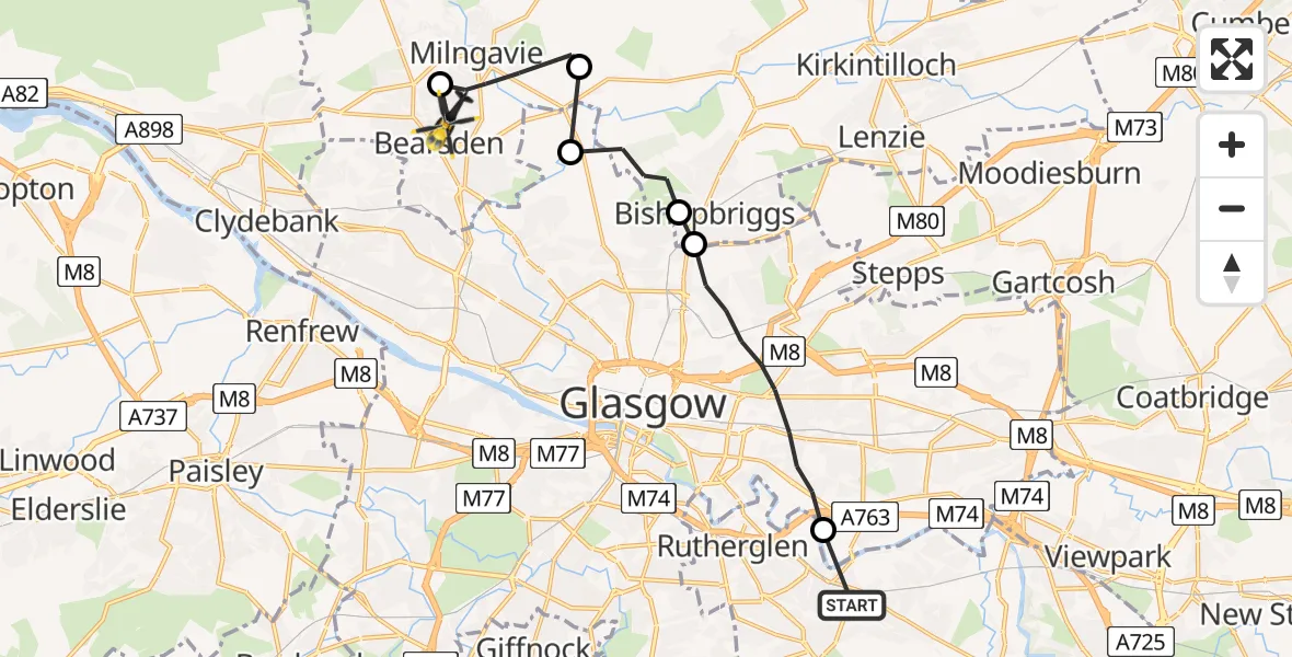 Flight path map showing Police Helicopter route from Cambuslang to Glasgow