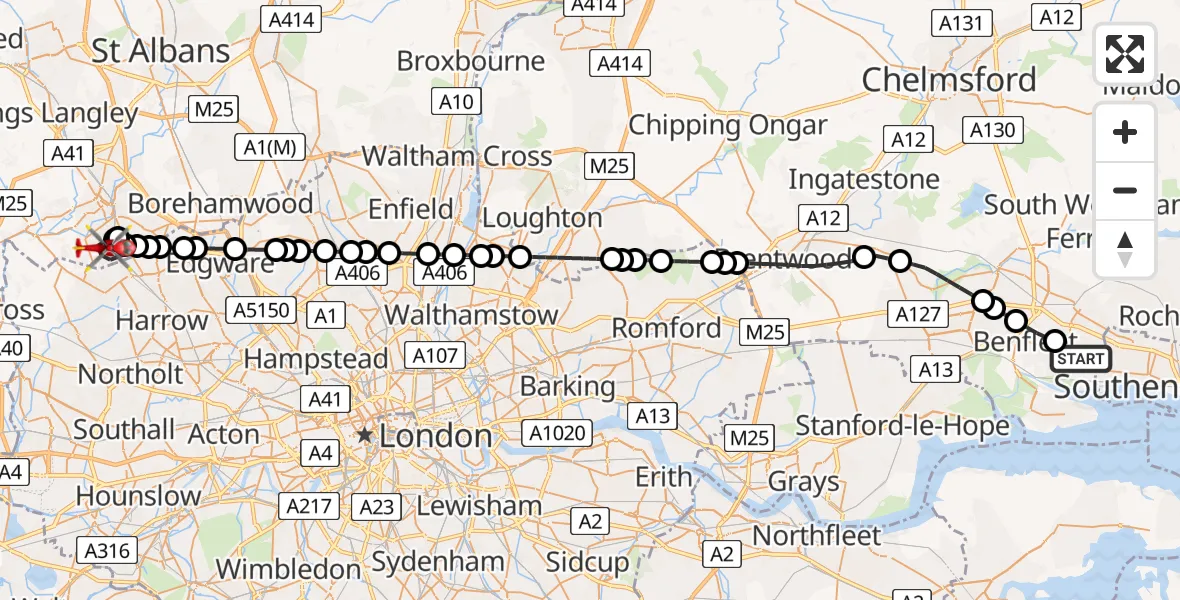 Flight path map showing Air Ambulance Helicopter route from Hadleigh to South Oxhey