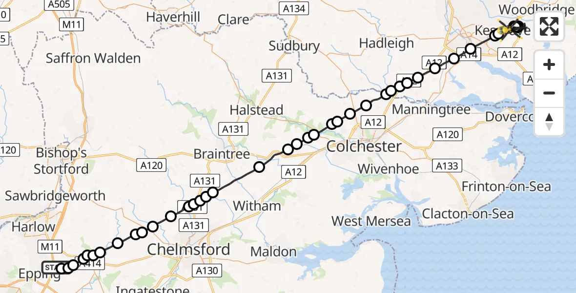 Flight path map showing Police Helicopter route from North Weald Airfield to Martlesham