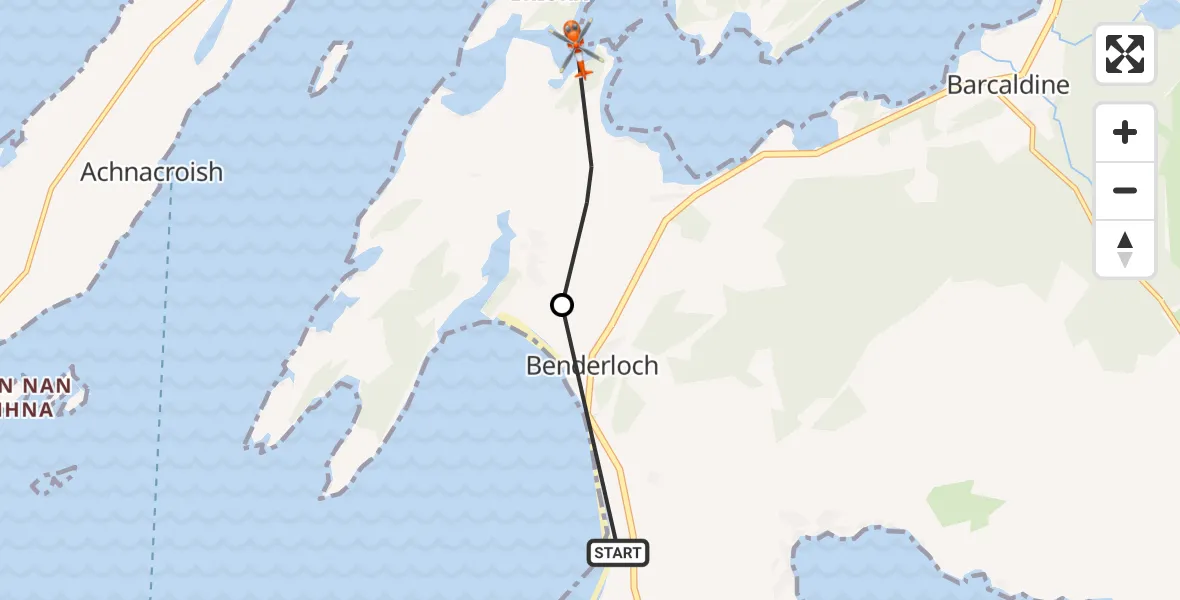 Flight path map showing Coastguard Helicopter route from Oban Airport to Inner Seas
