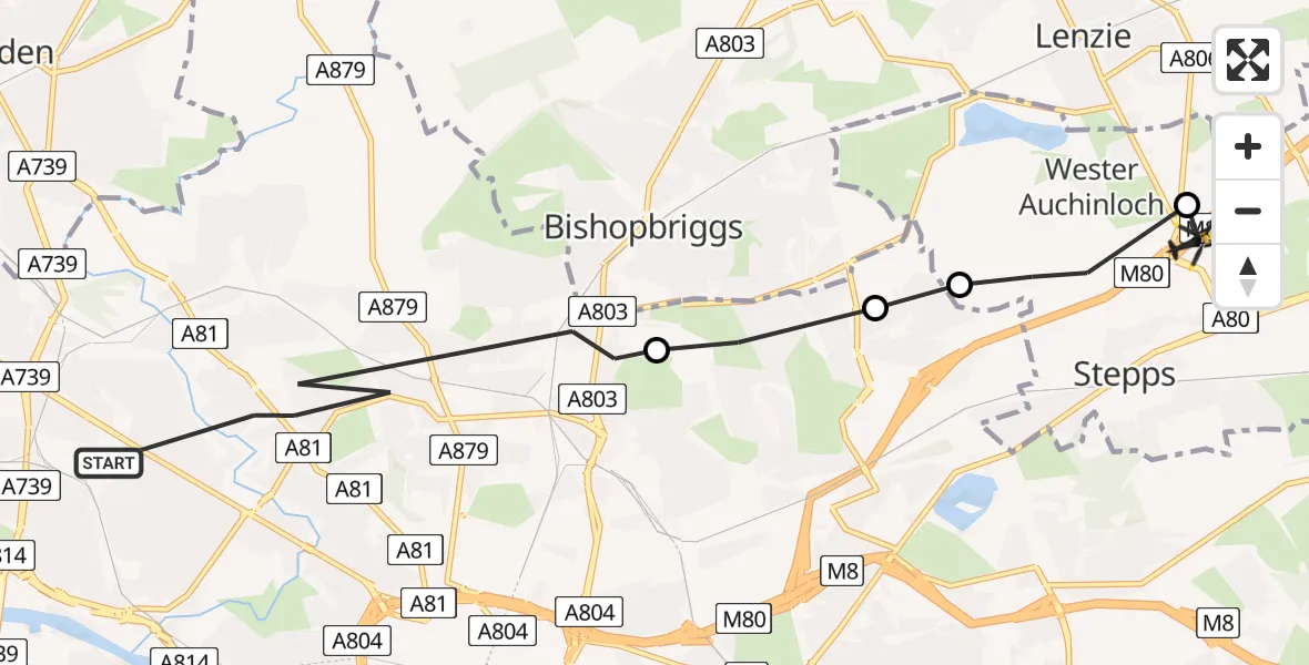 Flight path map showing Police Helicopter route from Glasgow to Stepps